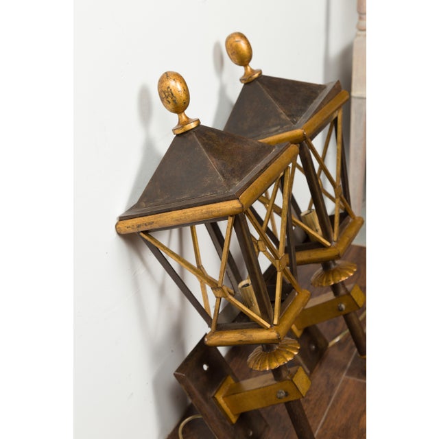Gold Mid 20th Century French Mid Century Modern Gilt Iron Wall Mounted Lanterns with Single Lights - a Pair For Sale - Image 8 of 9
