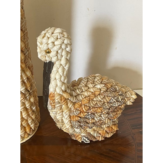 Vintage sea Shell encrusted items- candlestick, a vase and a pelican figure. Priced per piece.