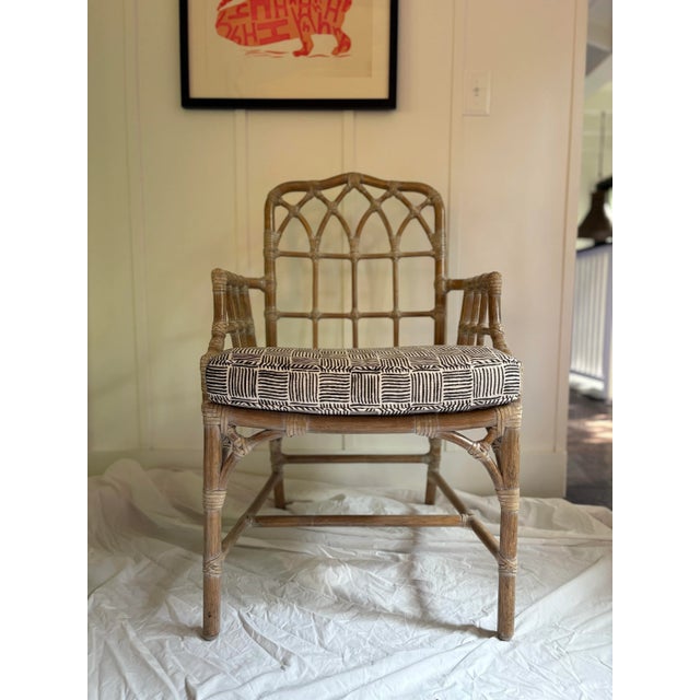 Linen 1980s McGuire Rattan Armchairs With China Seas/Quadrille Fabric Cushion For Sale - Image 8 of 12