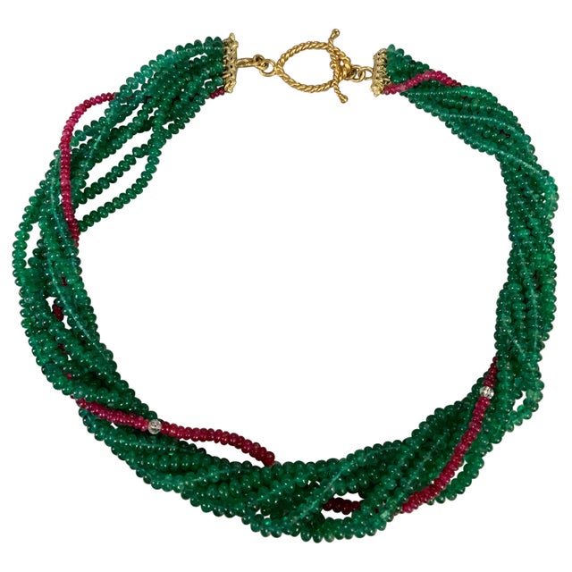 360 Carat Emerald, Burma Ruby and Diamond Beads Necklace 18 Karat Yellow Gold For Sale - Image 15 of 18
