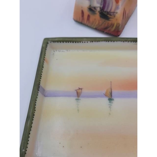 Early 20th Century Antique Hand-Painted Nippon Porcelain Sailboat Scenic Salt & Pepper Set With Tray - 3 Pieces For Sale - Image 5 of 12