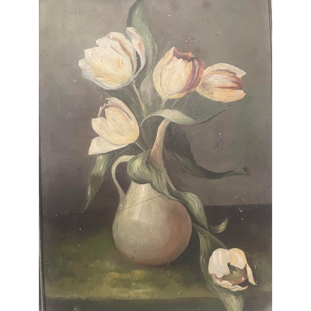 Antique Dutch Renaissance Floral Still Life Original Framed Oil Painting on Tin in Silver, White, Blush For Sale - Image 10 of 12