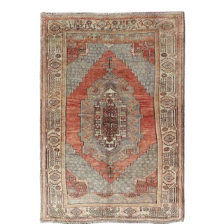 Vintage Turkish Oushak Rug With Geometric-Tribal Motifs in Red-Orange and Gray For Sale