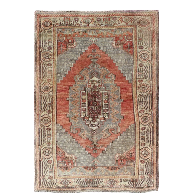 Vintage Turkish Oushak Rug With Geometric-Tribal Motifs in Red-Orange and Gray For Sale