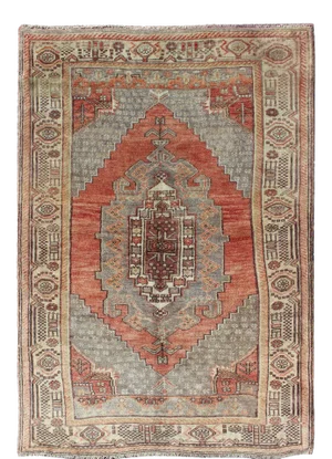 Vintage Turkish Oushak Rug With Geometric-Tribal Motifs in Red-Orange and Gray