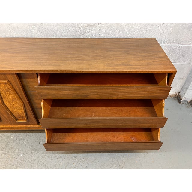 Unique Mid-Century Burl and Walnut Diamond Motif Credenza For Sale - Image 11 of 16