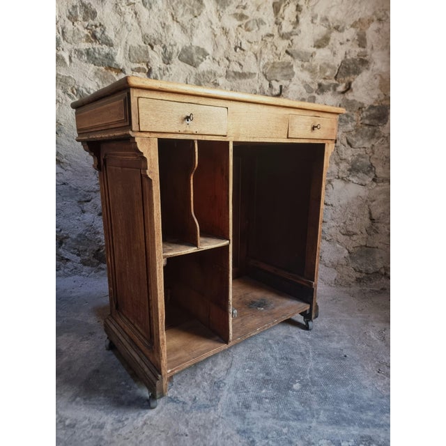 Antique French Oak Shop Counter Kitchen Island on Castors, 1880 For Sale - Image 4 of 18