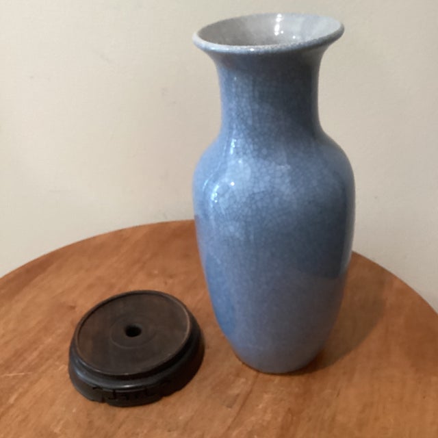 Vintage Chinese Blue Crackle Glaze Porcelain Baluster Vase on Wood Base For Sale - Image 4 of 12