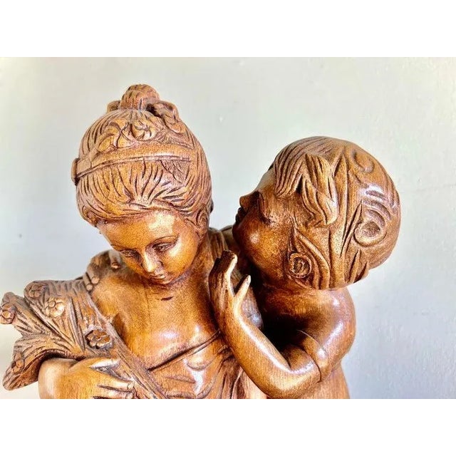 French Walnut Carved Figuritive Sculpture of Boy & Girl For Sale - Image 4 of 9
