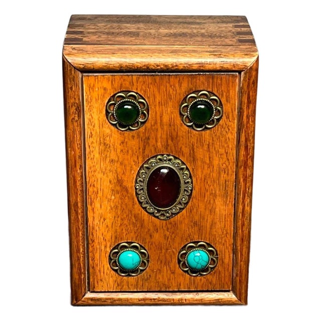Vintage Rosewood & Gemstone Inlaid Treasure Box / Jewelry Organizer With Drawer For Sale