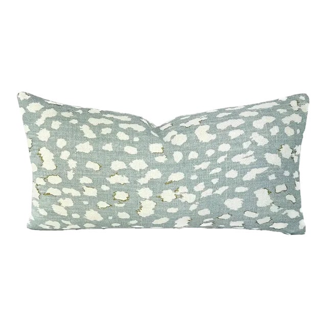 Jan Showers for Kravet Lynx Dot in Ciel Pillow Cover - Rectangle Lumbar - Light Blue With Cream Animal Spot Linen Print Cushion Case For Sale