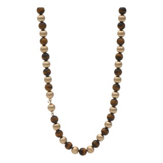 14k Yellow Gold & Tiger’s Eye 2-in-1 Beaded Necklace, Alternating Textured Gold Beads For Sale