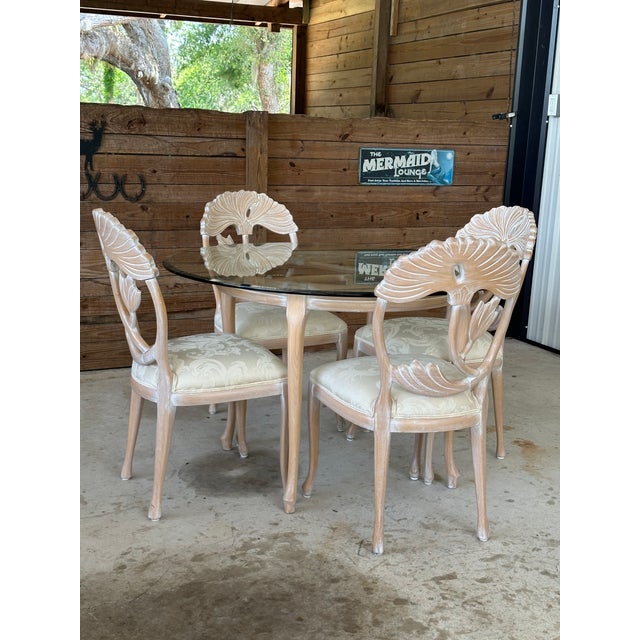 1970’s Italian Lotus Flower Carved Lime Wash Dining Table and Four