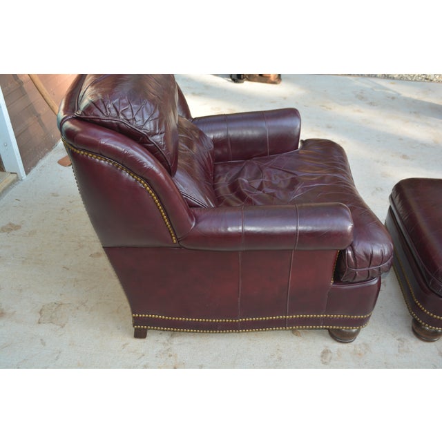 American Hancock & Moore Burgundy / Wine Leather Club Arm Chair & Ottoman With Nailhead Trim For Sale - Image 3 of 14