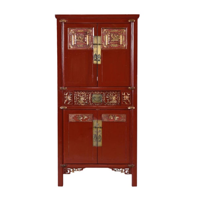Wood Ornately Carved Asian Modern Red Lacquer Gilt Gold Tv Cabinet Bar With Brass Hardware For Sale - Image 7 of 14