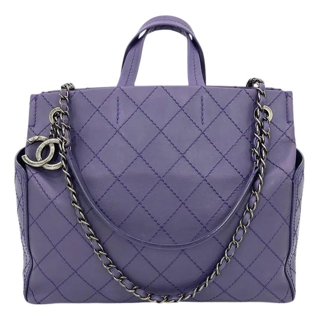 Chanel Purple Leather Top Stitch CC Pocket Tote For Sale