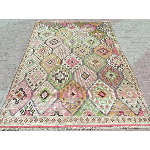 This beautiful rug is from westhern of Turkey. About 60 years old. This beautiful Jejim weaved with embroidered tecnique....