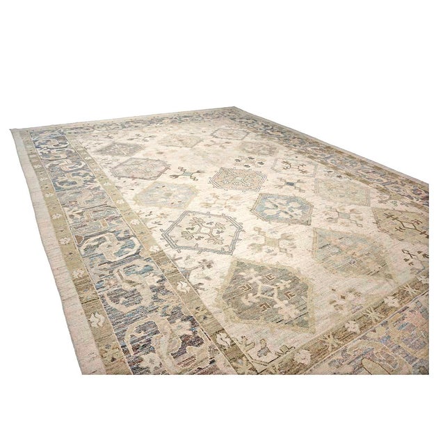 Tan 21st Century Turkish Oushak Wool 13x18 Tan, Blue & Ivory Handmade Oversized Area Rug #1144135 For Sale - Image 8 of 17