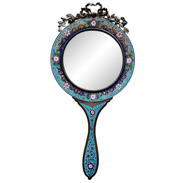 Stunning Large Antique French Champleve Brass Hand/Wall Mirror 19th Century 8x15.5” For Sale