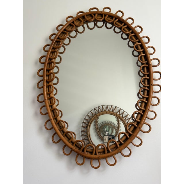 Vintage Oval Honey Rattan and Bamboo Wall Mirror, Italy, 1960s For Sale - Image 12 of 14