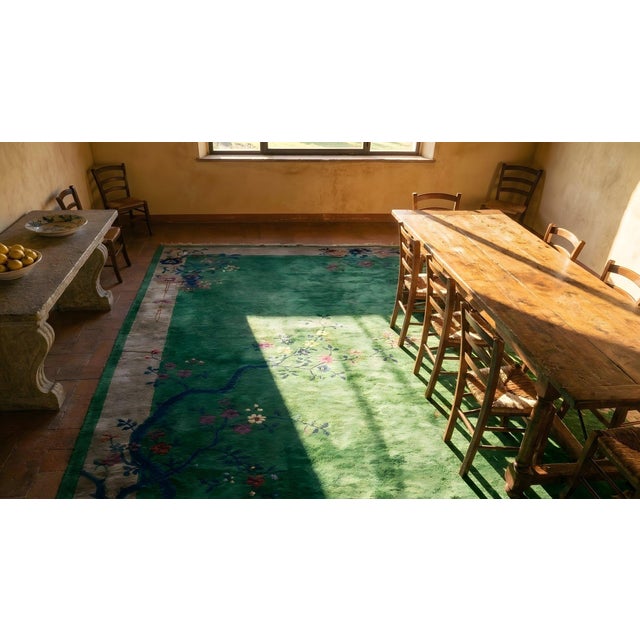 Outstanding Green Open Field Wiht Gray Border in a Floral Pattern Antique Chinese Art Deco Rug For Sale - Image 12 of 14
