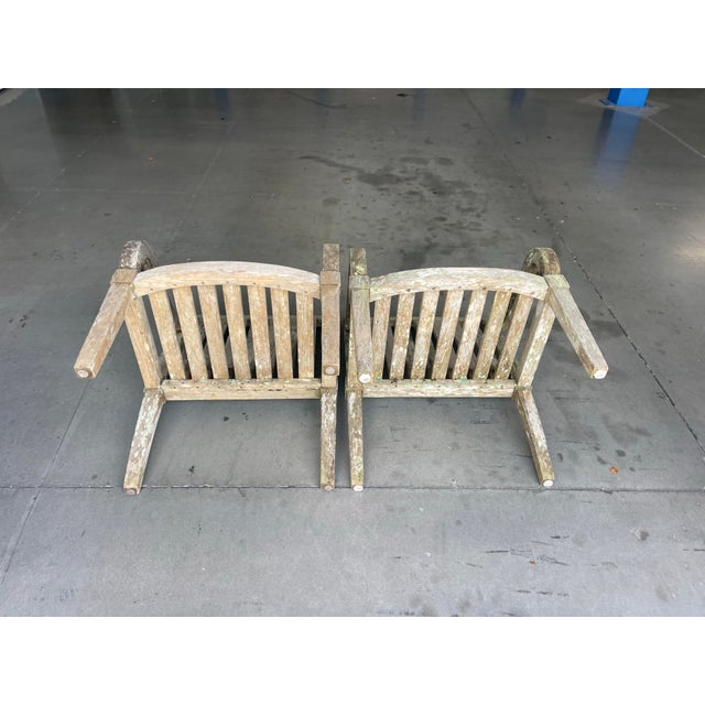 Vintage Weathered Hardwood Scroll Arm Garden Chairs With Natural Patina, a Pair For Sale - Image 11 of 12