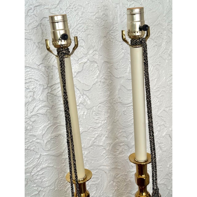 Hollywood Regency Late 20th Century Brass Candlestick Lamps With Tassels - Pair For Sale - Image 3 of 10