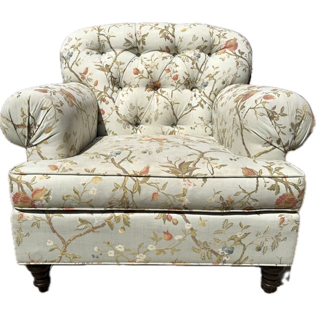 Custom Tufted Scalamandre Light Blue Floral Lounge Chair and Ottoman For Sale - Image 13 of 18