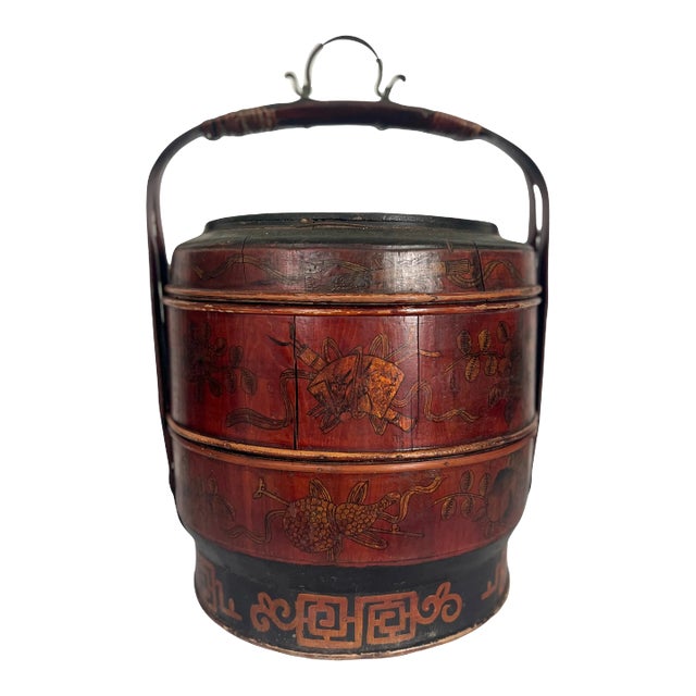 Large Antique Chinese Tiered Storage Box or Basket, Sewing Box, Hand Decorated & Signed With Auspicious Objects For Sale