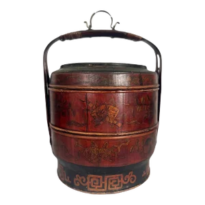 Large Antique Chinese Tiered Storage Box or Basket, Sewing Box, Hand Decorated & Signed With Auspicious Objects
