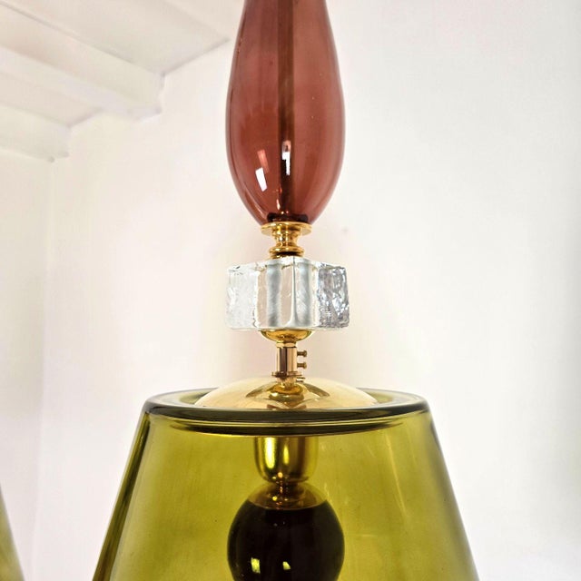 Green Olive Green, Mid Century Modern, Murano Glass Pendant Lights - a Pair For Sale - Image 8 of 14
