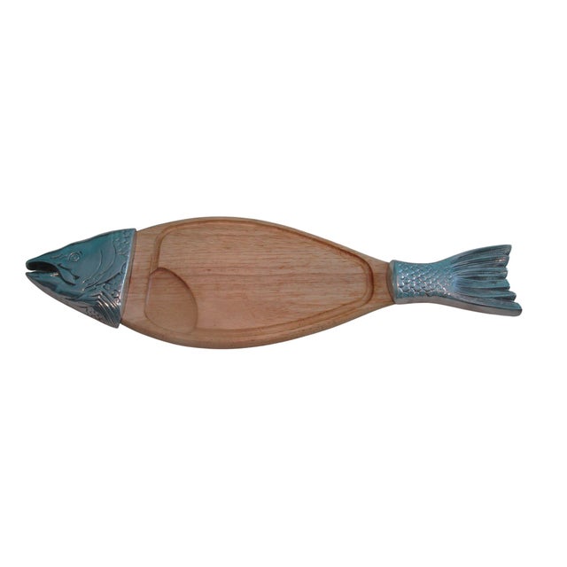 Farmhouse Vintage Salmon Serving Trencher Board Wood Cast Aluminum Head and Tail Winsome Wood For Sale - Image 3 of 11