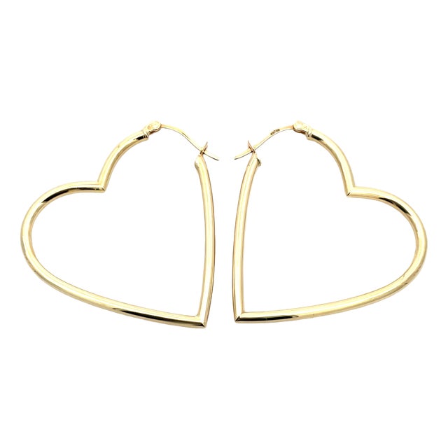 18k Yellow Gold Large Heart Hoop Earrings, A Pair For Sale