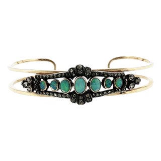 Mid 19th Century Victorian Silver Over Gold Opal and Diamond Pin Converted to a 14k Cuff Bracelet For Sale