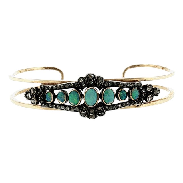 Mid 19th Century Victorian Silver Over Gold Opal and Diamond Pin Converted to a 14k Cuff Bracelet For Sale