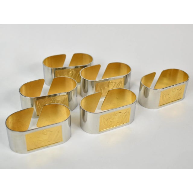 Mid-Century Modern Mid Century Metal Gold and Silver Napkin Rings With Rose Flower Design- Set of 6 For Sale - Image 3 of 8