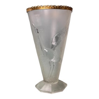 Vintage Czech Style Art Deco Embossed Satin Glass Libochovice 10" Heron Egret Vase For Sale