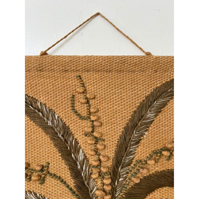 Mid-Century Jute Fringed Tapestry Embroidered With Fern & Column For Sale - Image 9 of 11