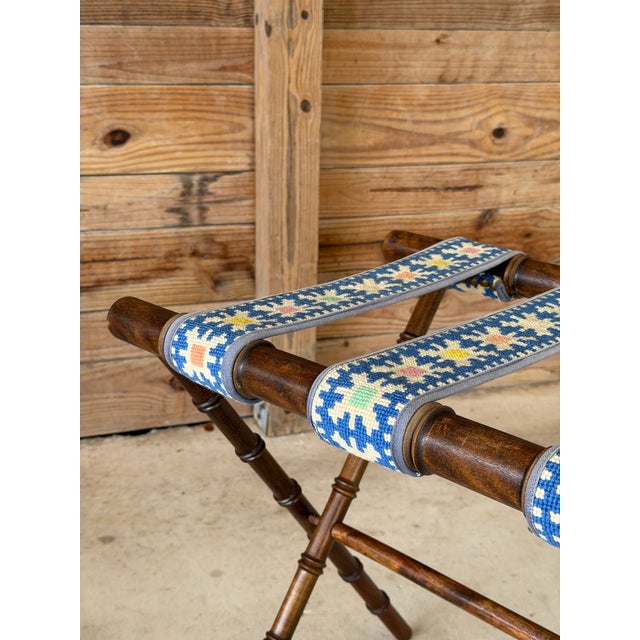 Vintage Walnut Faux Bamboo Folding Luggage Rack With Needlepoint Straps For Sale In Naples, FL - Image 6 of 11