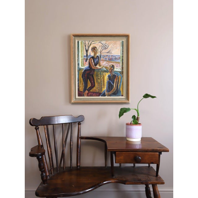 Mid-Century Modern Mid-Century Modern 'Figures at the Window' Vintage Swedish Expressive Figurative Oil Painting, Framed For Sale - Image 3 of 14
