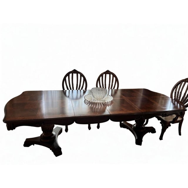 Queen Anne Gorgeous Two Pedestal Dinning Table With Two Extensions 104x44. Seats Up to 10. For Sale - Image 3 of 4