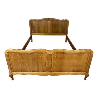 Vintage Louis French Oak Double Bed Frame with Carved Headboard For Sale