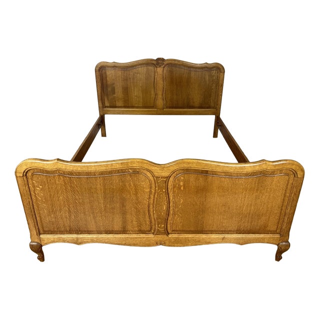 Vintage Louis French Oak Double Bed Frame with Carved Headboard For Sale