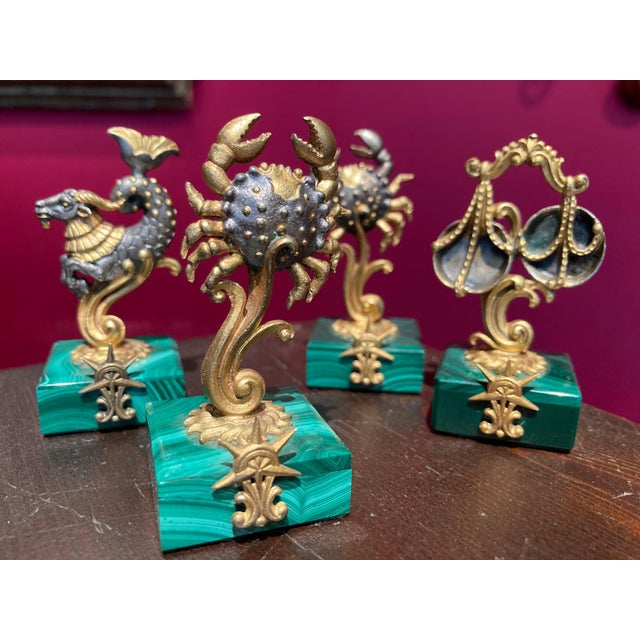 Italian Gilt 800 Silver Zodiac Place Card Holders with Malachite, 1950s, Set of 4 For Sale - Image 9 of 12