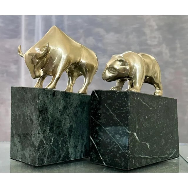 Brass Bull and Bear Book Ends MCM Brass Wall Street Book Holders - A Pair For Sale - Image 9 of 11