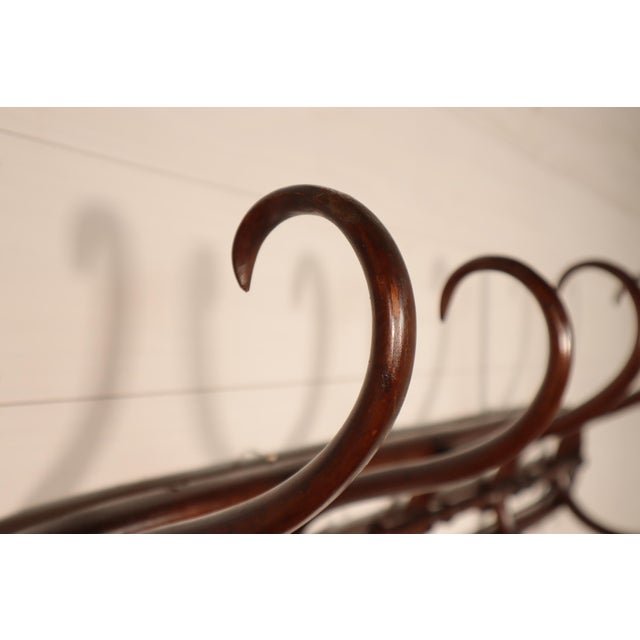Thonet Vintage French Thonet Style Coat Hat Rack Wall Hanging Hooks Mahogany Art Nouveau Hall Tree For Sale - Image 4 of 11