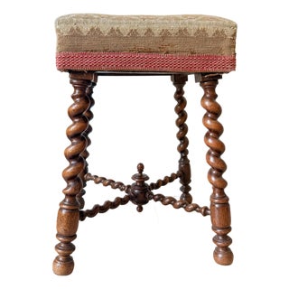 Antique English Oak Barley Twist Upholstered Footstool For Sale