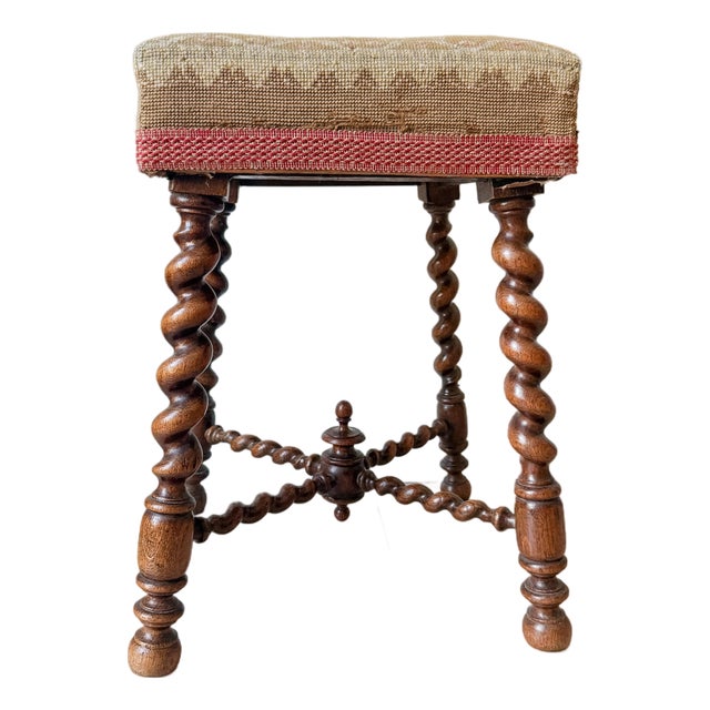 Antique English Oak Barley Twist Upholstered Footstool For Sale