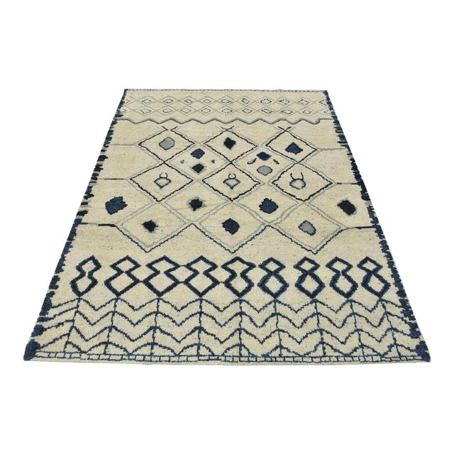 Moroccan Rug 8'2'' X 9'11'' Ivory Wool Geometric Hand-Knotted Carpet For Sale