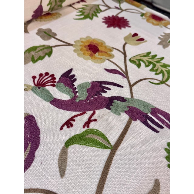 Linen Vintage Mother of Pearl Inlay Bench With Hand Embroidered Suzani-Style Linen Upholstery For Sale - Image 8 of 10